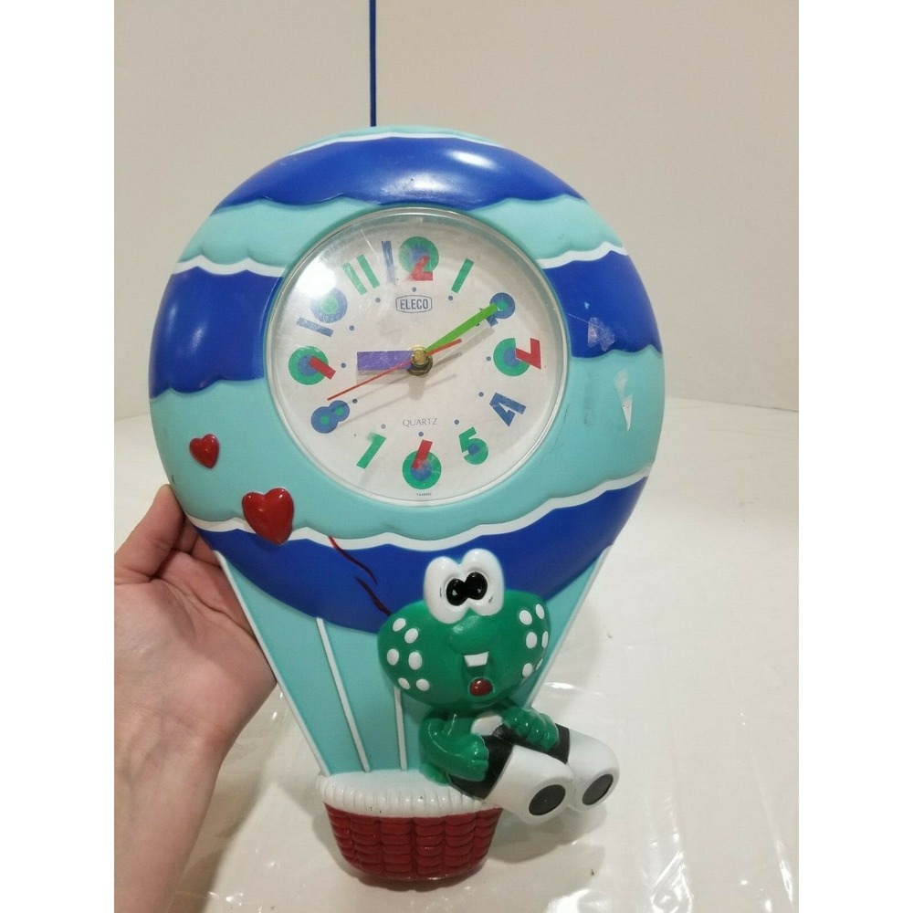Vintage Clock Quartz Eleco Frog in Air Balloon Plastic Colorful Kids Bedroom 14"